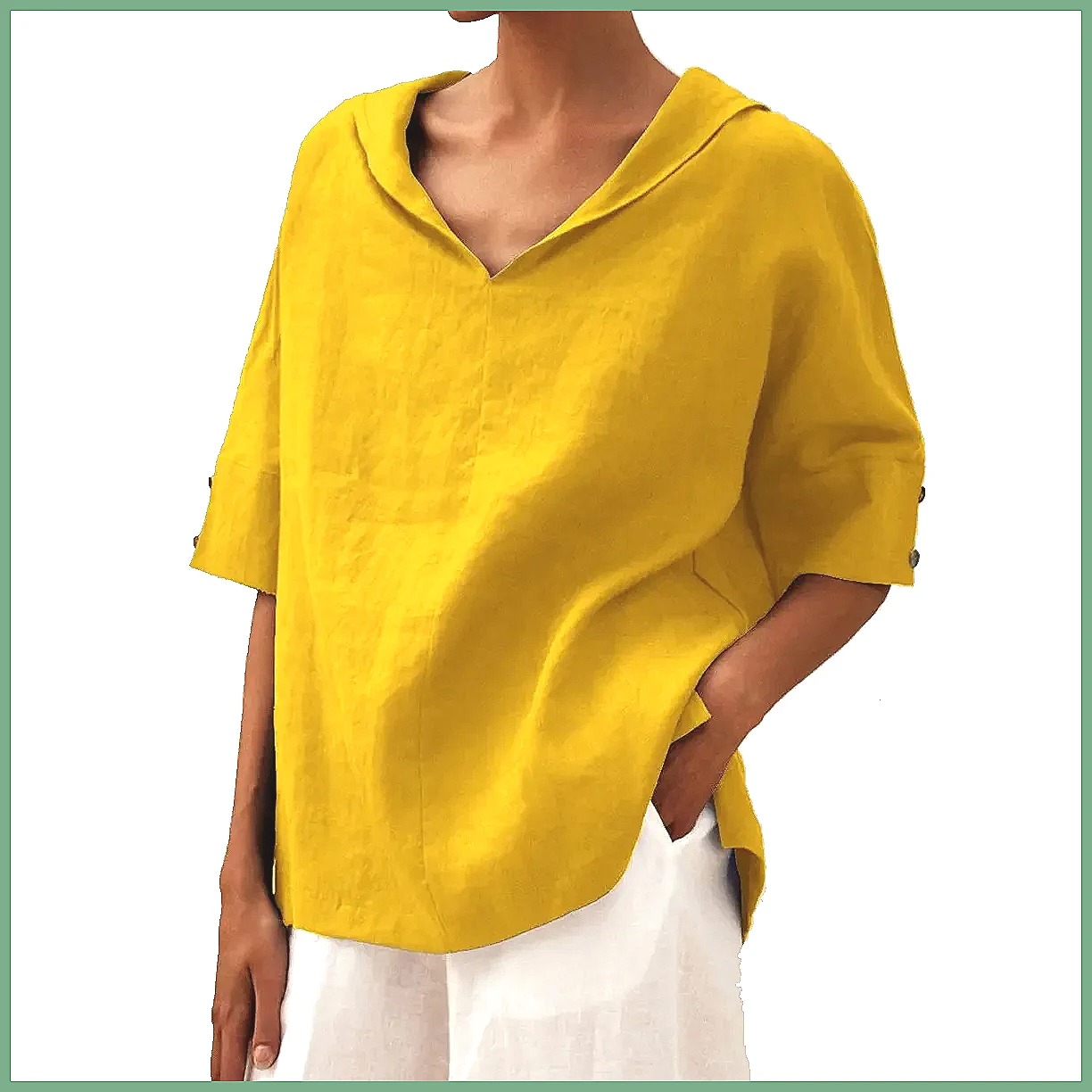 Blouses - Women's Loose V-Neck Cotton Linen Shirt