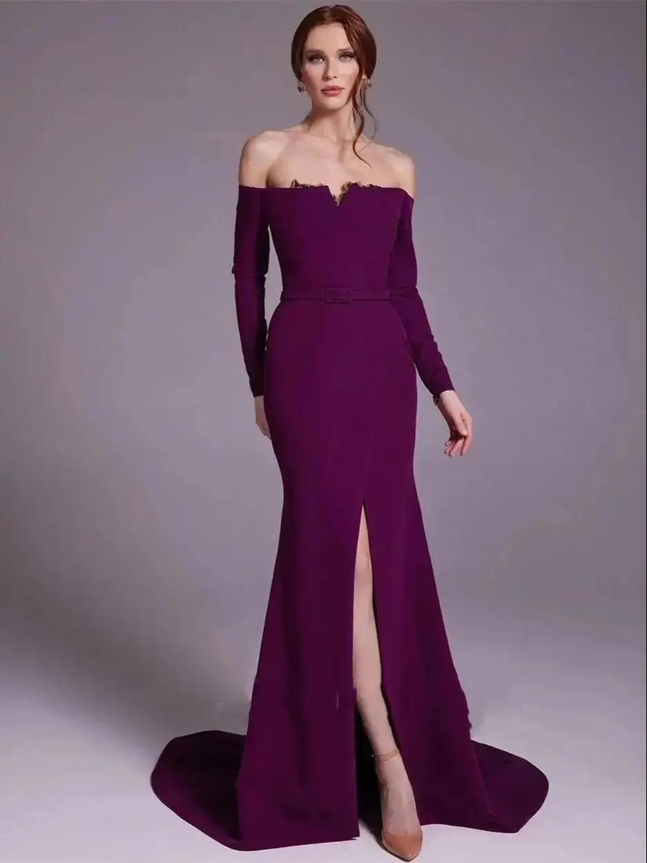 Elegant Satin Evening Gown Split - Elegant Purple Satin Off-the-shoulder Sheath Cocktail