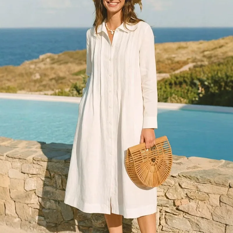 European Solid Long Dress Loos - Casual Loose Linen Shirt Dress recension och pris