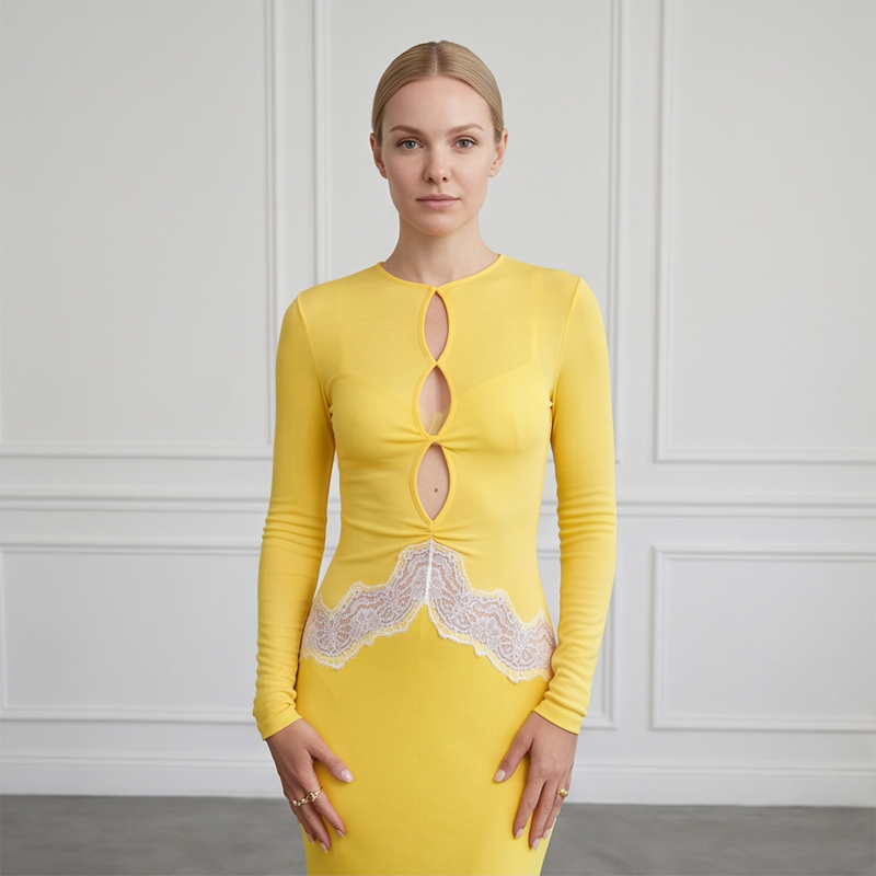 Women Yellow Lace Cutout Long  - Bodycon Long Sleeve Ribbed Dress recension och pris