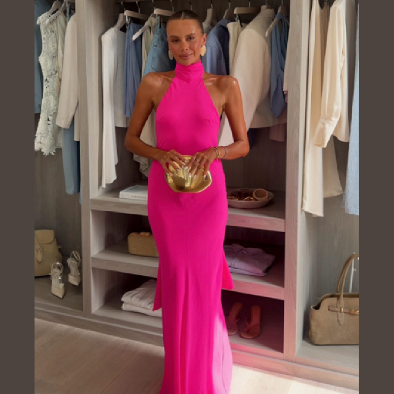 Women Halter Satin Maxi Dress  - Elegant Satin Evening Gown Split recension och pris