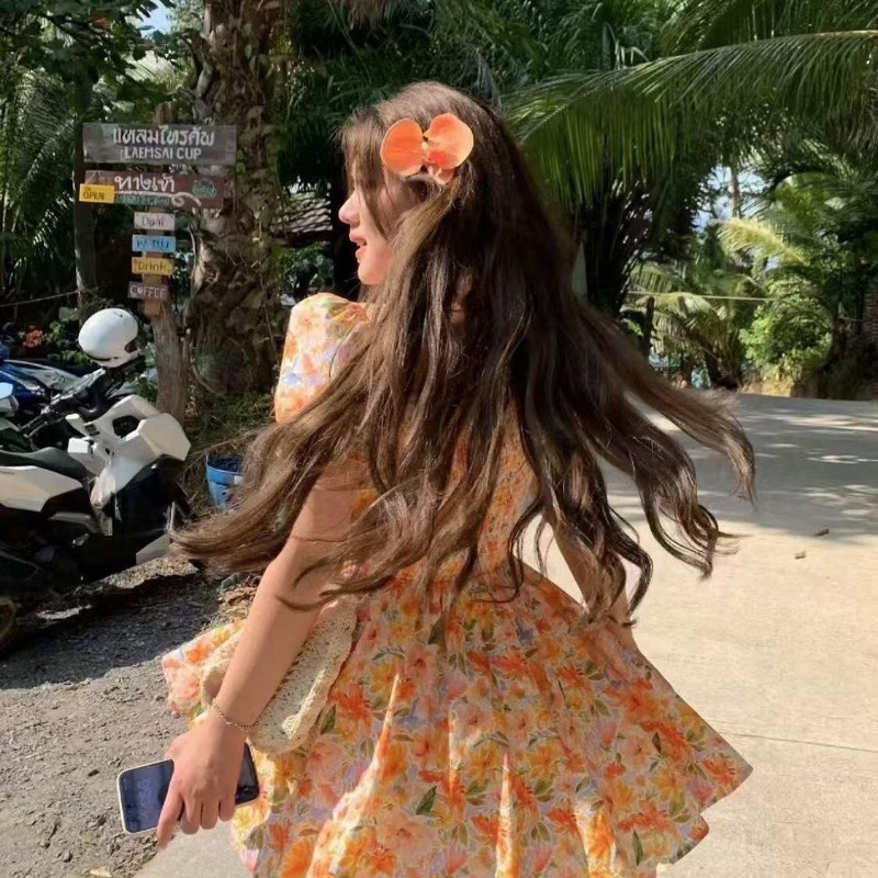 2026 new Orange Floral Print O - Off Shoulder Puff Sleeve Sundress recension och pris