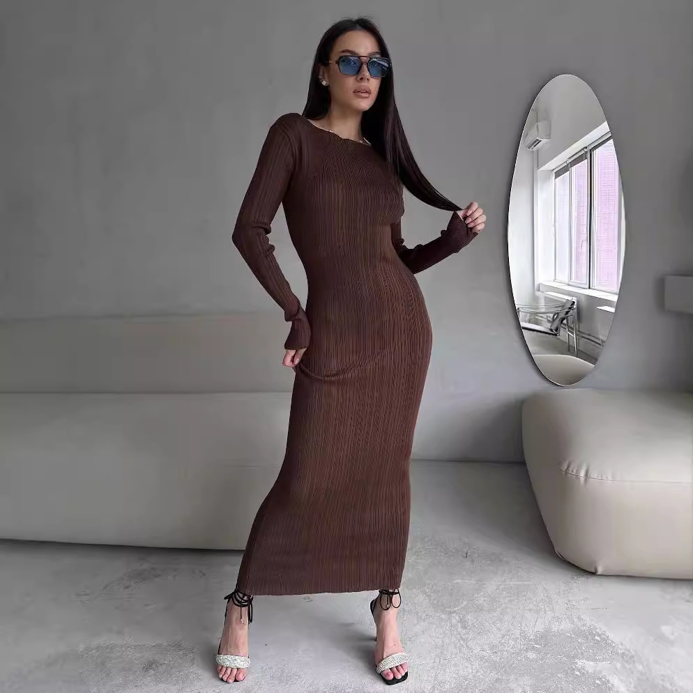 Women's Elegant Crew Neck Wais - Bodycon Long Sleeve Ribbed Dress recension och pris