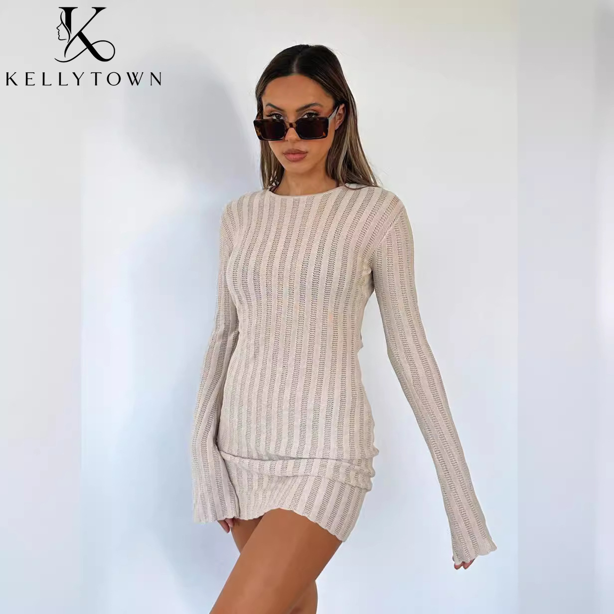 Backless Dress Sexy Rib Knit M - Bodycon Long Sleeve Ribbed Dress recension och pris