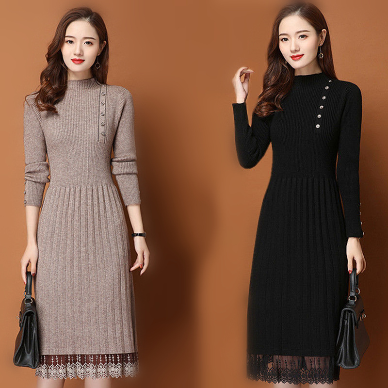 Lace Hem Buttons Women Autumn  - Bodycon Long Sleeve Ribbed Dress recension och pris