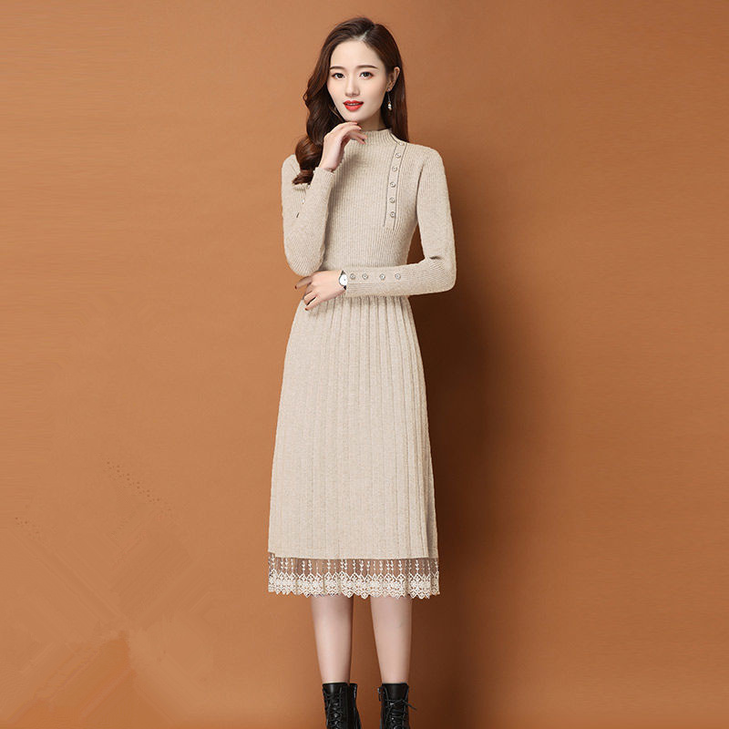 Lace Hem Buttons Women Autumn  - Bodycon Long Sleeve Ribbed Dress recension och pris