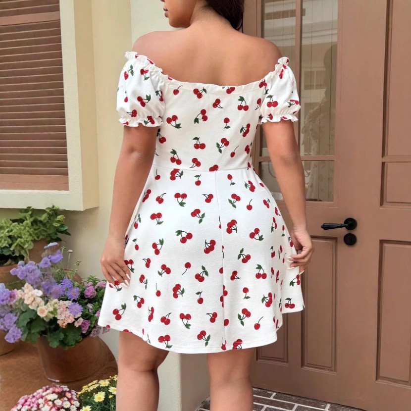 Summer Woman Dress Floral Prin - Off Shoulder Puff Sleeve Sundress recension och pris
