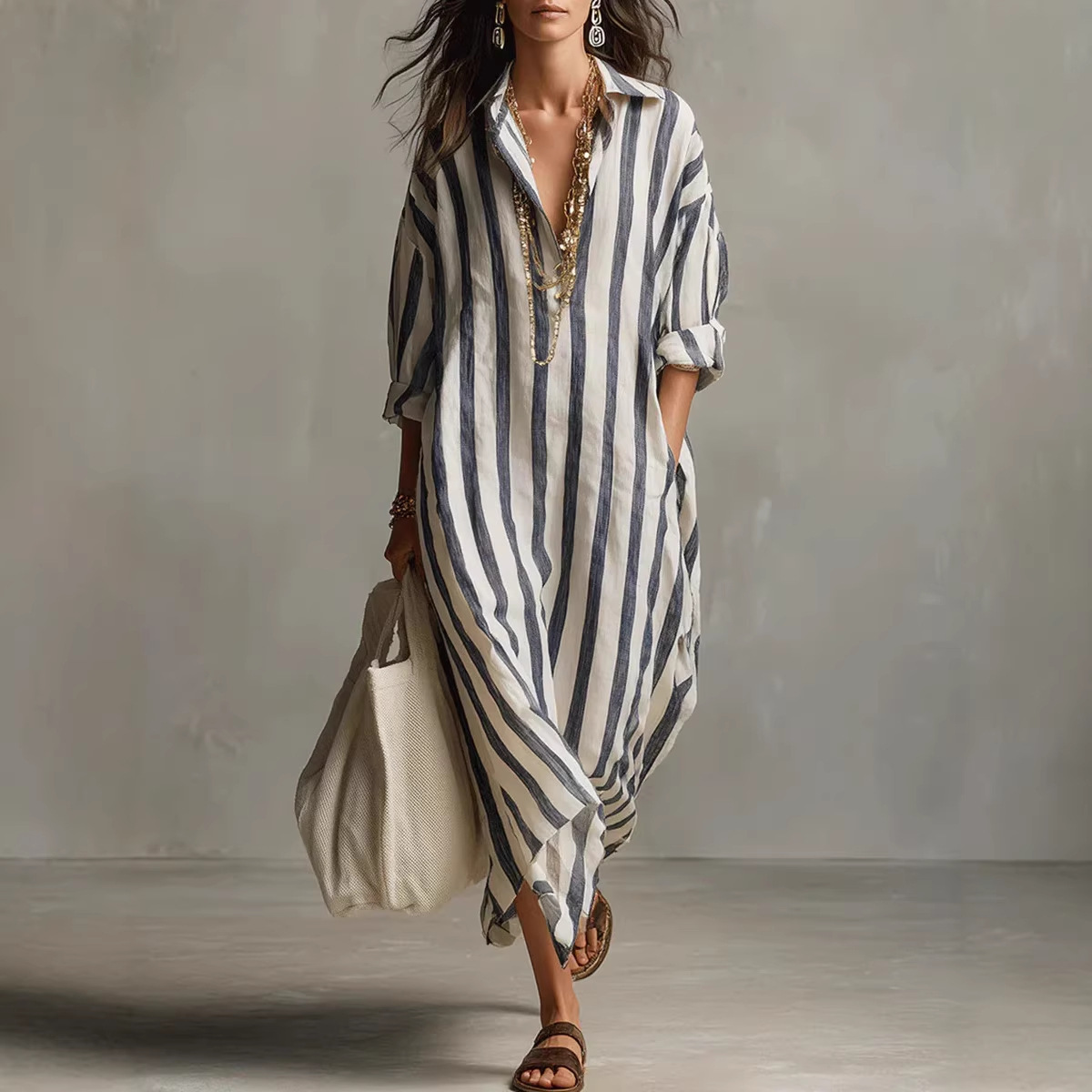 Summer Elegant Turn Down Colla - Casual Loose Linen Shirt Dress recension och pris