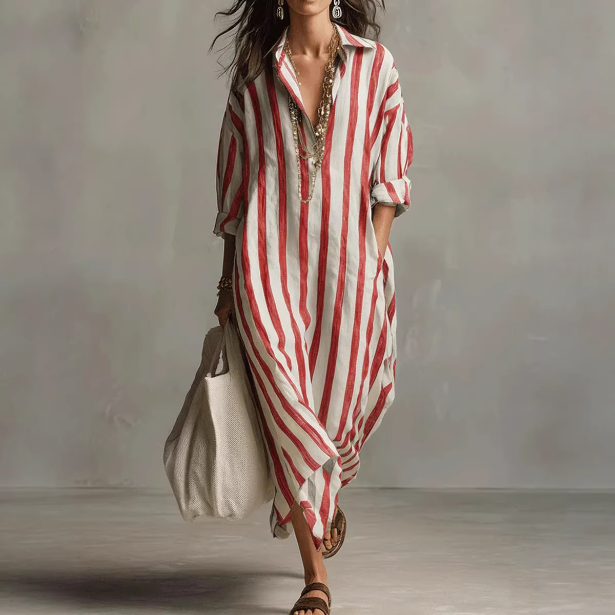 Summer Elegant Turn Down Colla - Casual Loose Linen Shirt Dress recension och pris