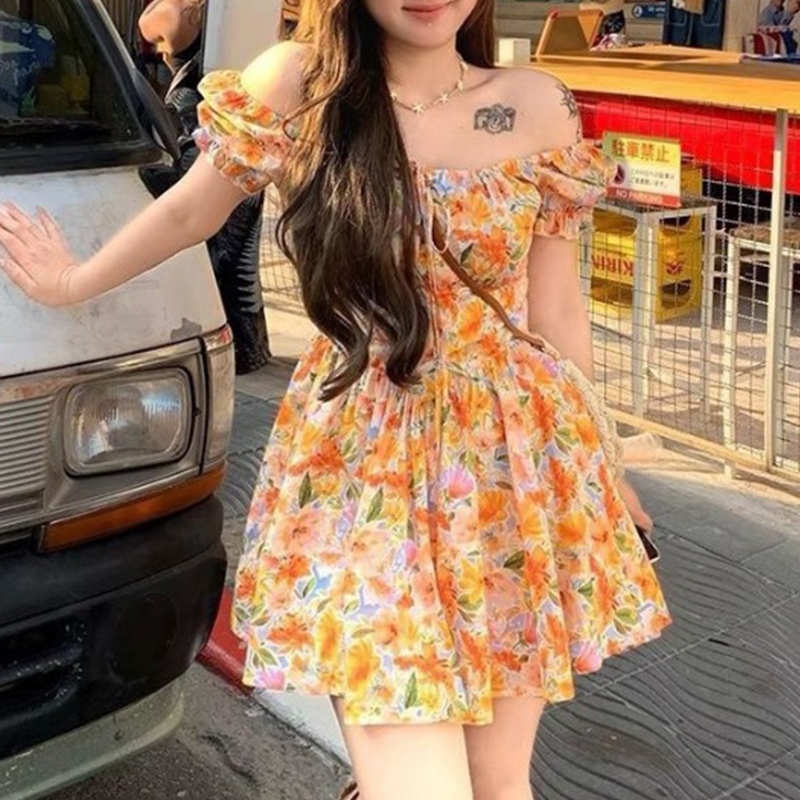 Hotsale Orange Floral Print Of - Off Shoulder Puff Sleeve Sundress recension och pris